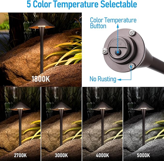 LEONLITE 5CCT Low Voltage Pathway Lights, LED Landscape Path Lights, 1800/2700/3000/4000/5000K, Hexagon Head, 12-24V AC/DC, IP65 Outdoor Walkway Light, Oil Rubbed Bronze Aluminum, Pack of 6 LEONLITE