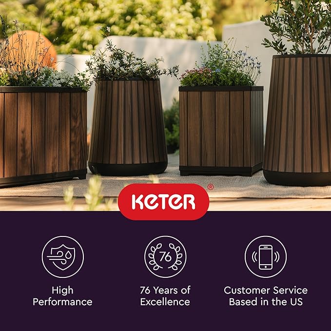 Keter Signature Conic 28.5 Inch Tall Round Large Wood Look Planter for Indoor or Outdoor Flower Pot Ideal for Patio Deck and Front Porch Decor, Rosewood Keter