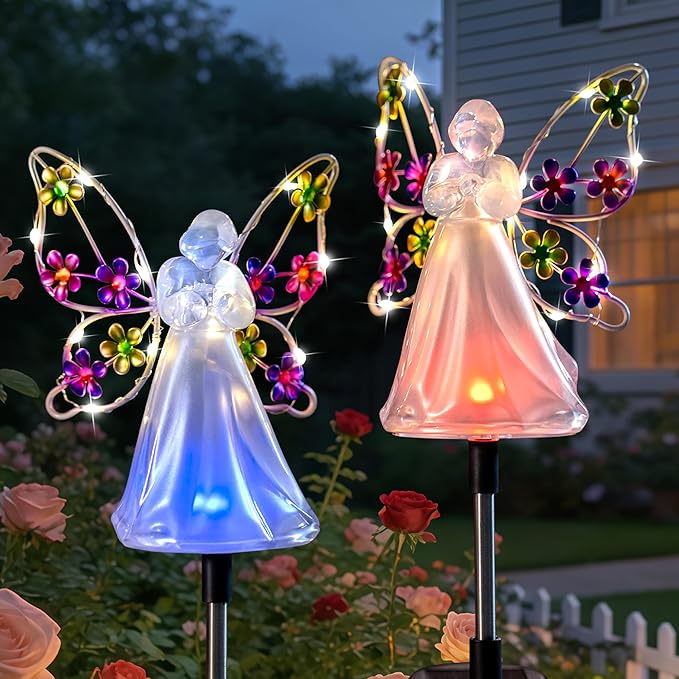 Angel Solar Lights for Cemetery Memorial Gift Grave Decorations Solar Angel Stake Lights Outdoor Waterproof Garden Decor Yard Lawn Ornaments, Angel Gifts for Women 2 Pack ELFENGARDEN