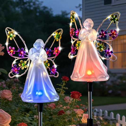 Angel Solar Lights for Cemetery Memorial Gift Grave Decorations Solar Angel Stake Lights Outdoor Waterproof Garden Decor Yard Lawn Ornaments, Angel Gifts for Women 2 Pack ELFENGARDEN