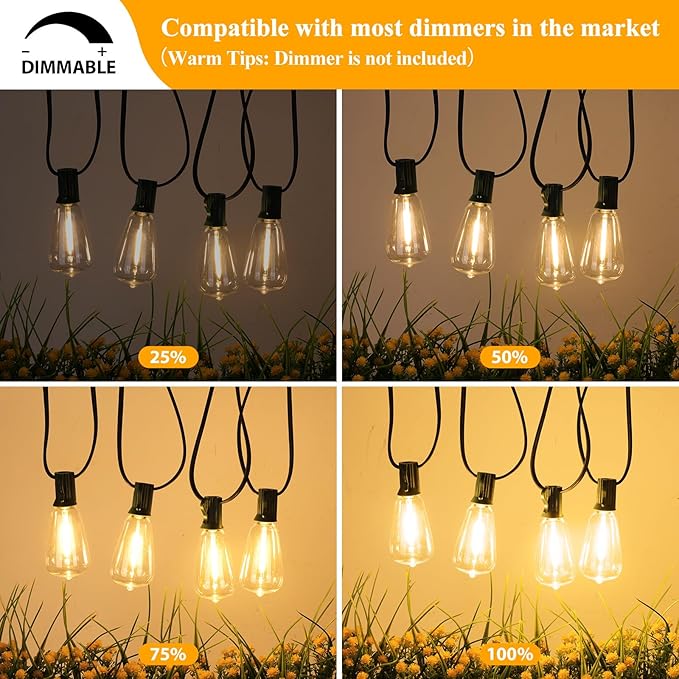Brightever 50FT Outdoor String Lights Waterproof, 2700K Bright LED Patio Lights with 27 ST38 Shatterproof Vintage Bulbs, Retro Edison String Lights for Outside, Garden, Christmas Decor, Green Wire Brightever