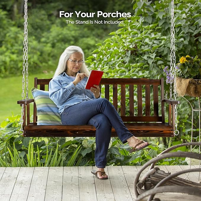 VINGLI Heavy Duty 880 LBS 5 FT Patio Wooden Porch Swing Outdoor with Upgraded Adjustable Chains, Outdoor Hanging Swing Bench for Garden, Yard, Balcony (5 FT, Rustic) VINGLI