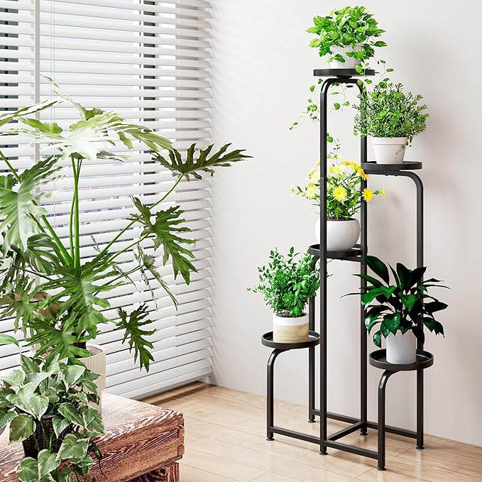 Plant Stand Indoor Outdoor 5 Tier Metal Plant Shelf for Multiple Plants Corner Flower Holders for Living Room Balcony Bedroom Patio Garden, Black (Black, 5-Tier) INGIORDAR