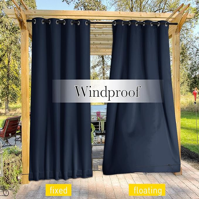 NICETOWN 2 Panels Weighted Outdoor Curtains for Patio Waterproof, Thermal Insulated Grommet & Back Tab on Top & Bottom Windproof Sun Blocking Draperies for Gazebo with Fixed Rope, Navy Blue, W66 x L84 NICETOWN
