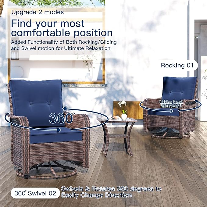 Kullavik 9 Pieces Outdoor Patio Furniture Set,PE Wicker Rattan Sectional Sofa Patio Conversation Sets with Swivel Rocking Chairs Set,Navy Blue KULLAVIK