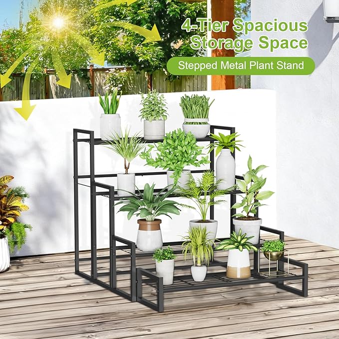 Plant Stand, 4 Tier Stackable Tiered Plant Stand, Scalable Heavy Duty Tall Plant Shelf for Indoor Outdoor, Garden, Display Shelves, Flower Pot Holder, Black VyGrow