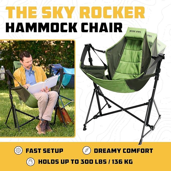 Wise Owl Outfitters Hammock Chair for Adults – Comfortable Portable Folding Rocking Camping Chair with Carry Bag – Great for Lawn, Campsite & Outdoors WiseOwlOutfitters