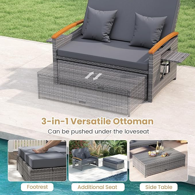 Tangkula Patio Rattan Daybed with 4-Level Adjustable Backrest, Outdoor Wicker Loveseat with Acacia Wood Armrest, Storage Ottoman & Folding Tray, Double Sunbed for Balcony, Backyard & Poolside (Grey) TANGKULA