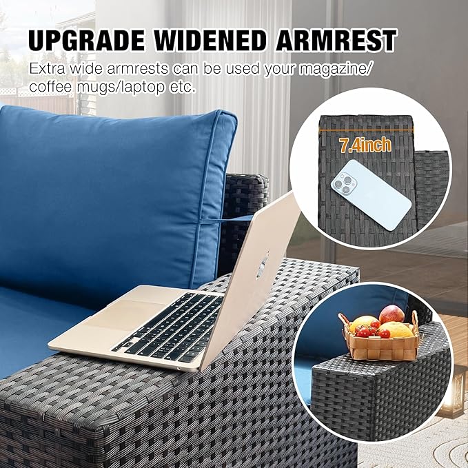 7 Pieces Patio Furniture Set All-Weather Outdoor Wicker Sectional Conversation Sofa Rattan Patio Seating Sofa with Cushion and Glass Table for Porch Poolside,Peacock Blue JOYURE