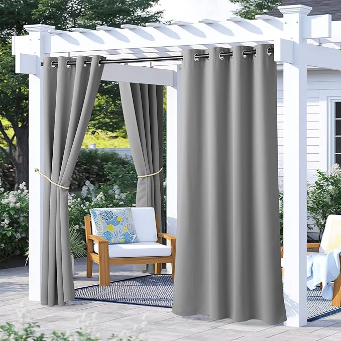 NICETOWN 2 Panels Outdoor Curtains for Patio Waterproof, Rustproof Grommet Blackout Waterproof Indoor Outdoor Curtains & Drapes Thermal Insulated for Cabana, Silver Grey, W52 x L72 NICETOWN