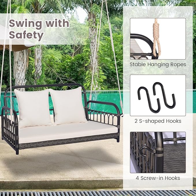 Tangkula Outdoor Wicker Porch Swing, 2-Person Hanging Seat with Seat & Back Cushions, Heavy-Duty Metal Frame & 2 Sturdy Hanging Ropes, Wicker Woven Swing Loveseat for Front Porch TANGKULA