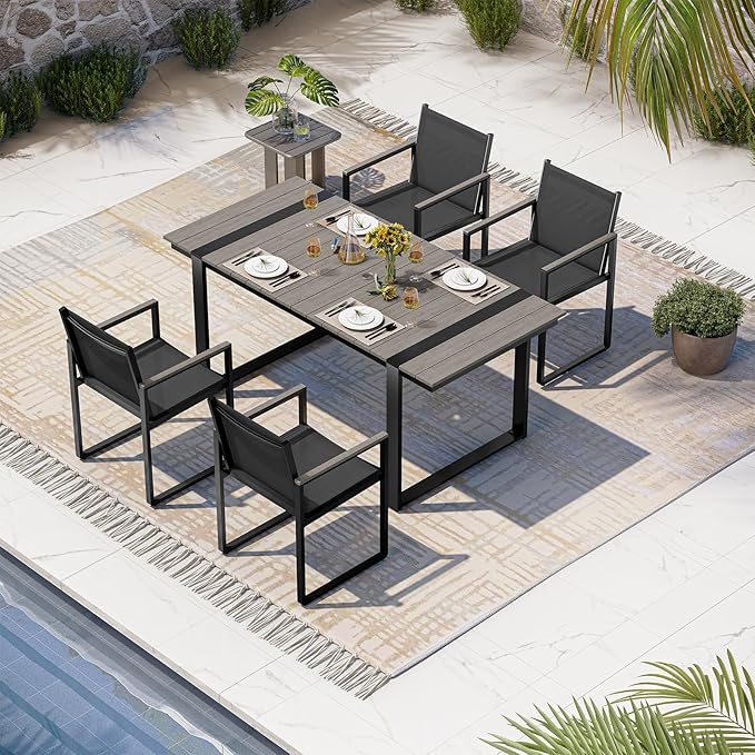 Outdoor Table and Chairs of 4, Patio Dining Sets, HDPS + Aluminum Outdoor Furniture Set with Umbrella Hole, Patio Dining Table Set (Gray) Oasbira