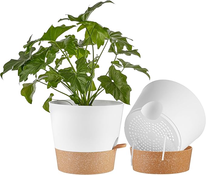 FaithLand 2-Pack 10 Inch Planter Pots for Indoor Outdoor Plants, Self Watering Flower Pots with Deep Reservoir, White with Terracotta … FaithLand