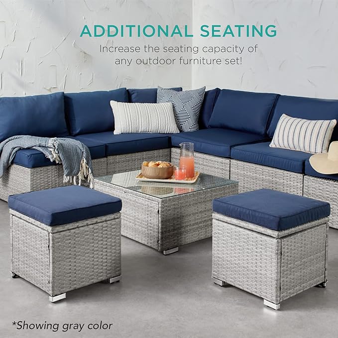Best Choice Products Set of 2 Wicker Ottomans, Multipurpose Outdoor Furniture for Patio, Backyard, Additional Seating, Footrest, Side Table w/Storage, Removable Cushions - Gray/Navy BestChoiceProducts