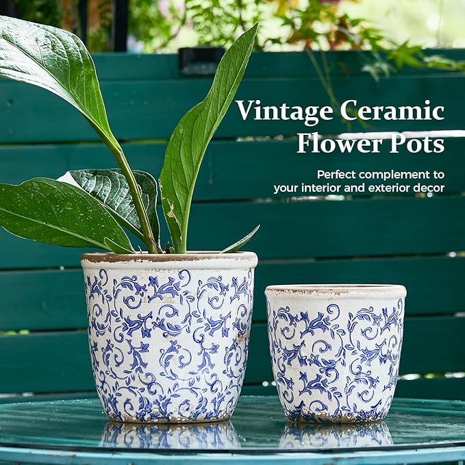 Vintage Ceramic Planter with Drainage Hole, Plastic Tray & Mesh, 6.5 Inch - Indoor/Outdoor Flower Pot, Blue Floral Rustic Farmhouse Design Plant pot for Home, Office & Garden Décor, Ideal Gift TEWEIQI