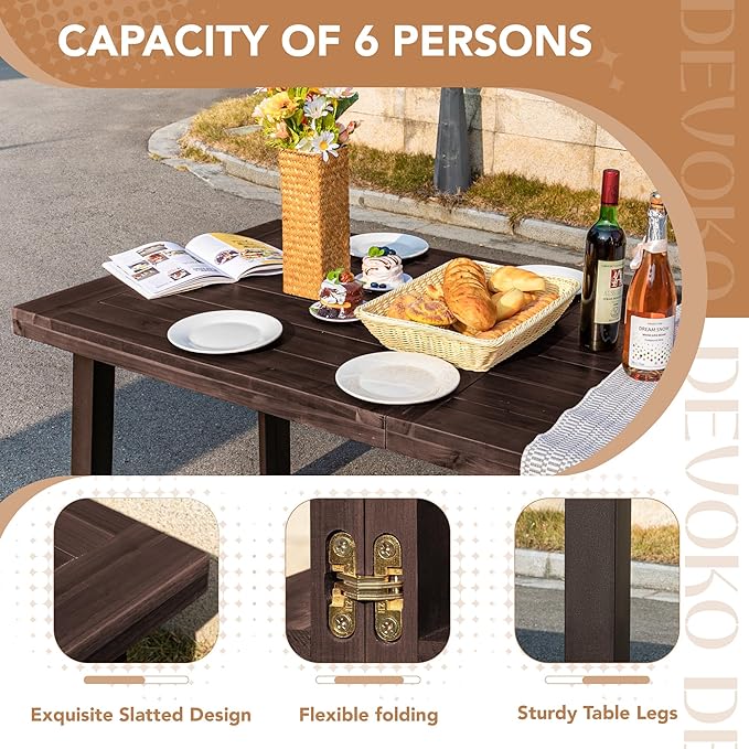 Devoko Home Acacia Wood Dining Table 6-Person Indoor Outdoor Table with Iron Legs, Sandblast Finish, Natural Stained, Rustic Metal, 69 * 33 * 30 inch (Espresso) DEVOKO