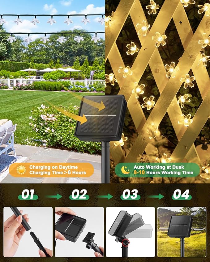 Brightown 60 LED Solar String Lights Flower Outdoor Waterproof Fairy Lights for Garden Yard Fence Patio Christmas Tree Wedding Party Decor, Warm White Brightown