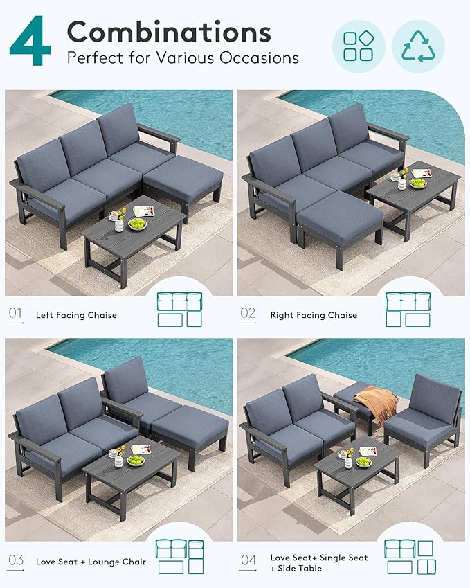 SERWALL Outdoor Sectional Sofa Set, 5-piece Outdoor Modula Couch Set with Ottoman, All Weather Patio Furniture Set with Chaise for Deck, Lawn, Gray Frame with Gray Cushion SERWALL