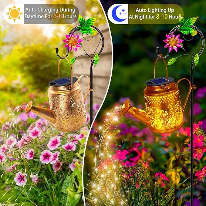 Solar Powered Hummingbird with Flowers Watering Can Lights Waterproof Outdoor Garden Decor with Shepherd Hook, Hanging Lights for Yard, Porch, Backyard Perfect Christmas Gift for Women, Mom, Grandma YJFWAL