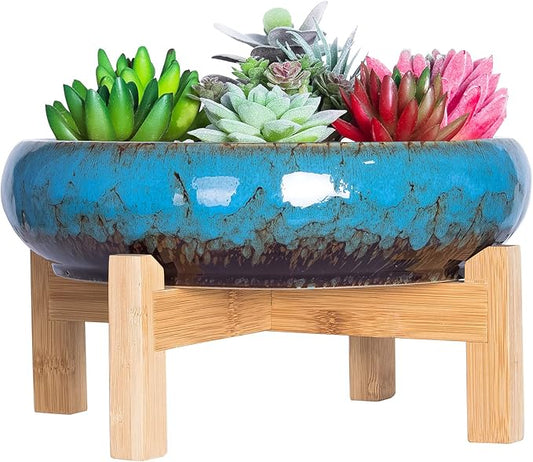Succulent Pots - Large Succulent Planters Pots with Drainage, 10 Inch Ceramic Bonsai Pot with Stand Round Shallow Planter for Indoor/Outdoor Plants Decorative Garden Cactus Flower Container Bowl ARTKETTY