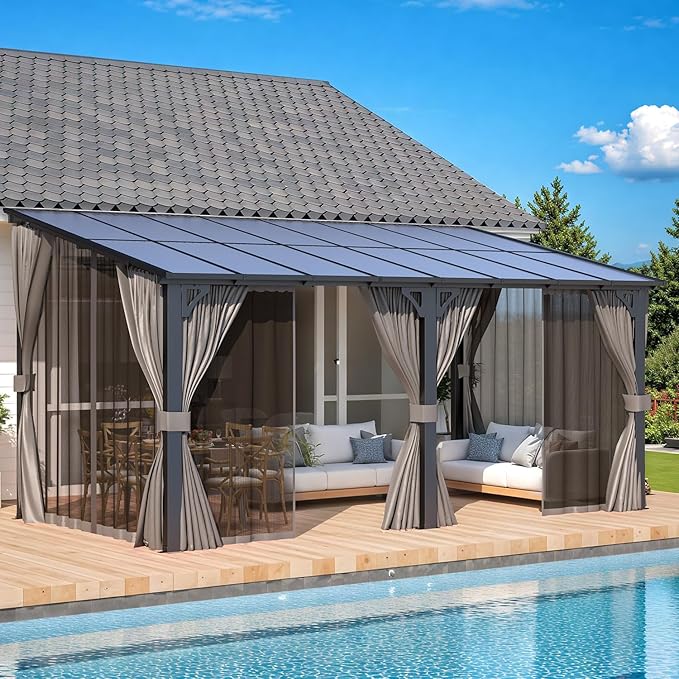 AECOJOY 16' x 8' Gazebo Outdoor Pergola with Curtains and Netting, 8'x16’ Hard Top Lean to Pergolas and Gazebos Clearance with Patio Roof Shelter, Large Wall-Mounted Heavy Duty Metal Awnings for Patio AECOJOY