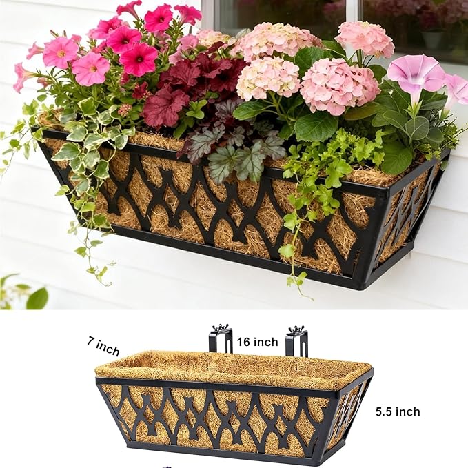 2 Pack 16 Inch Window Boxes Planters Railing Planter Box with Adjustable Brackets for Porch Fence Patio Balcony Hanging Flower Baskets with Coco Liners for Outdoor Garden Decor - Black KarlliuHOMEGARDEN