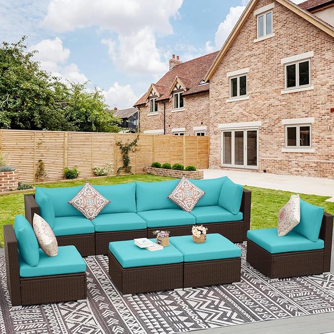 NICESOUL 8 Piece Outside Furniture Set, 29.3'' High Back Deep Seating Wicker Patio Modular Sectionals, Oversized Modern Comfy Conversation Sets for Backyard, Brown Rattan and Teal Cushion NICESOUL