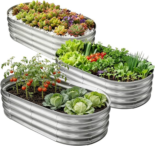 Galvanized Raised Garden Bed for Outdoor: 4X2X1ft Durable Metal Vegetable Plant Container Kit - Oval Planter Box for Gardening Flower Trough (3 Pack) Rootora