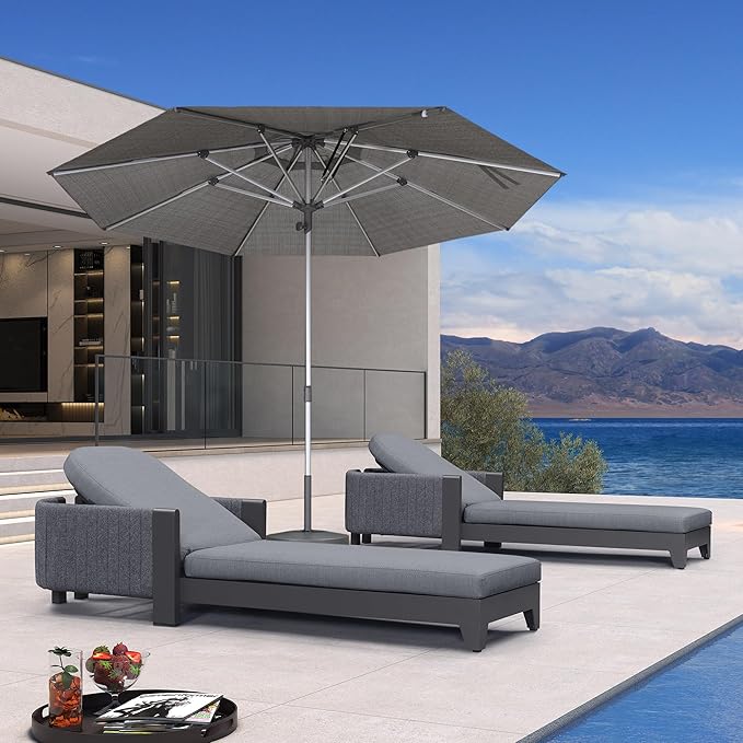 PURPLE LEAF 3-Piece Outdoor Chaise Lounge Set with Market Umbrella Adjustable Sunbathing Daybed for Pool, Garden and Backyard Moon Basalt PURPLELEAF