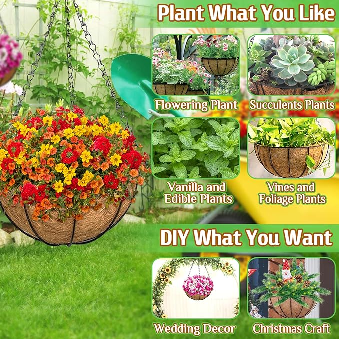 ZeeDix 3 Pack 10 Inch Metal Round Hanging Planter Basket with Coconut Liners Replacement, Hanging planters Baskets with Natural Coco Liner for Outdoor Indoor Planters Flowers Vegetables ZeeDix