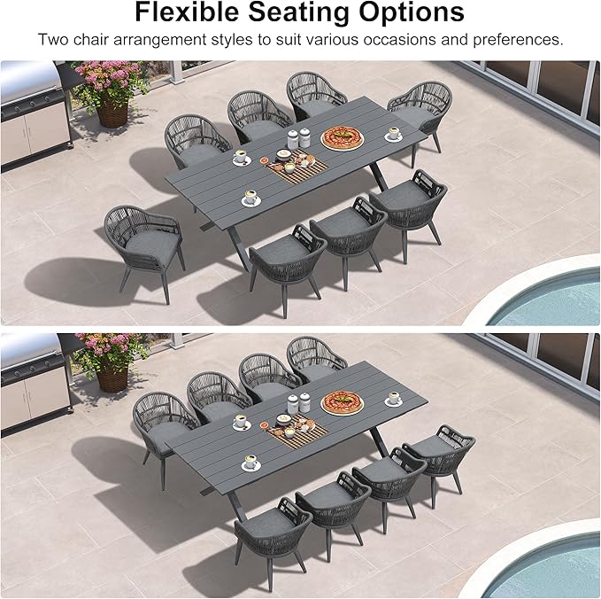 PURPLE LEAF 9 Piece Longer Patio Dining Set with Outdoor Aluminium Dining Table and Woven Chairs Modern Metal Furniture Cushions Sets for Garden Yard Indoor Decor Kitchen Gray PURPLELEAF