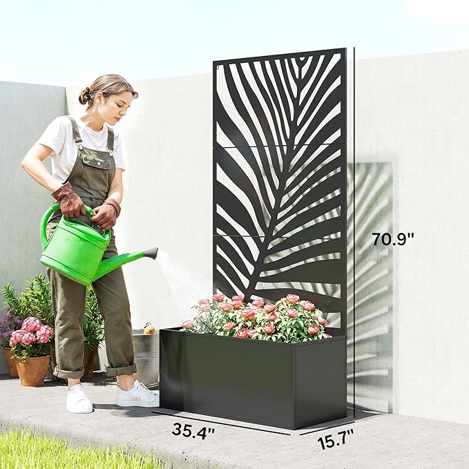 Outsunny Metal Planter Box with Trellis, 71" Tall Raised Garden Bed with Trellis Privacy Screen for Climbing Plants, Large Leaf Cut-Out Privacy Planter for Garden, Patio, Balcony Outsunny