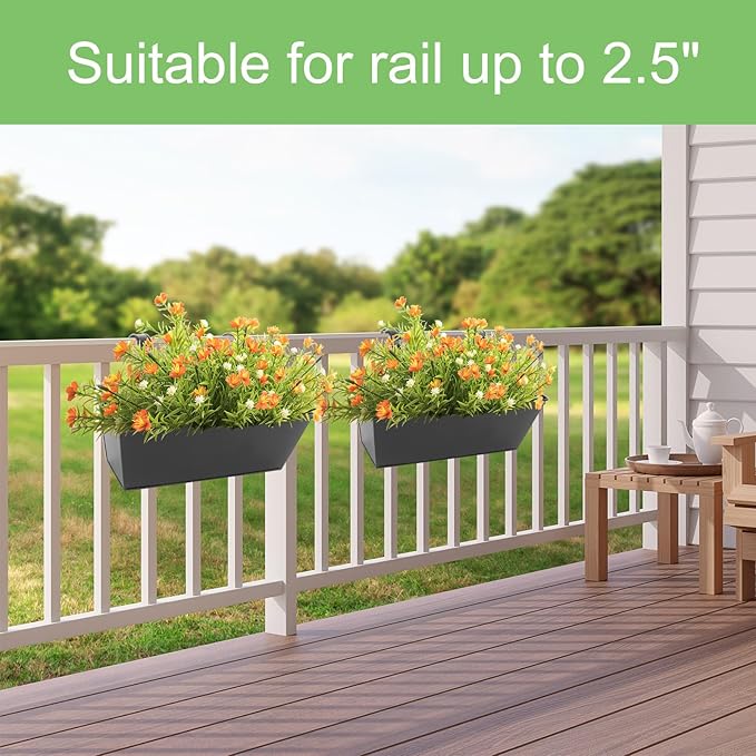 Railing Planters Outdoor Balcony 16 Inch Deck Over The Railing Planter Boxes Hanging Planters for Fence Flower 5 Pcs (Black) Holensun
