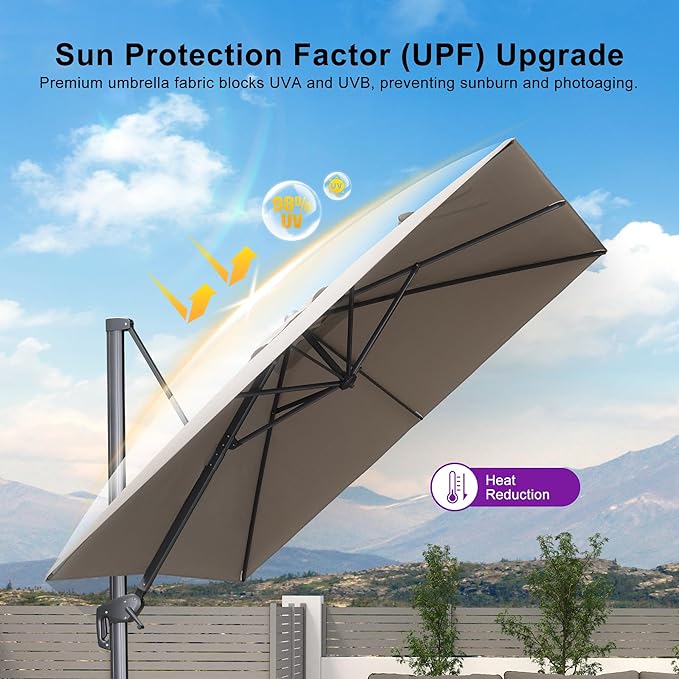 PURPLE LEAF Patio Umbrella 9' X 9' Rectangle Cantilever Umbrella Large Aluminum Outdoor Umbrellas with 360-degree Rotation & UPF40+ Premium Fabric for Deck Pool Garden Yard, Ash Mocha Rootora