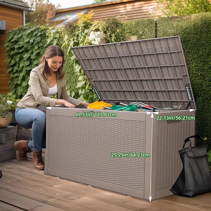 120 Gallon Outdoor Deck Box, Lockable Waterproof Outdoor Storage Boxes For Garden Tools,Indoor Cushions,Accessories Outside Storage Resin Weatherproof Container(Grey) MAIUSCOLI