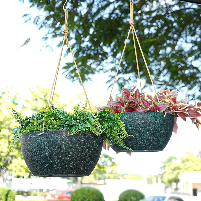 12 Inch 2 Pack Large Hanging Planters for Indoor Outdoor Plants, Plastic Hanging Basket Pots for House Plants Flowers, Black Speckles SwinDuck