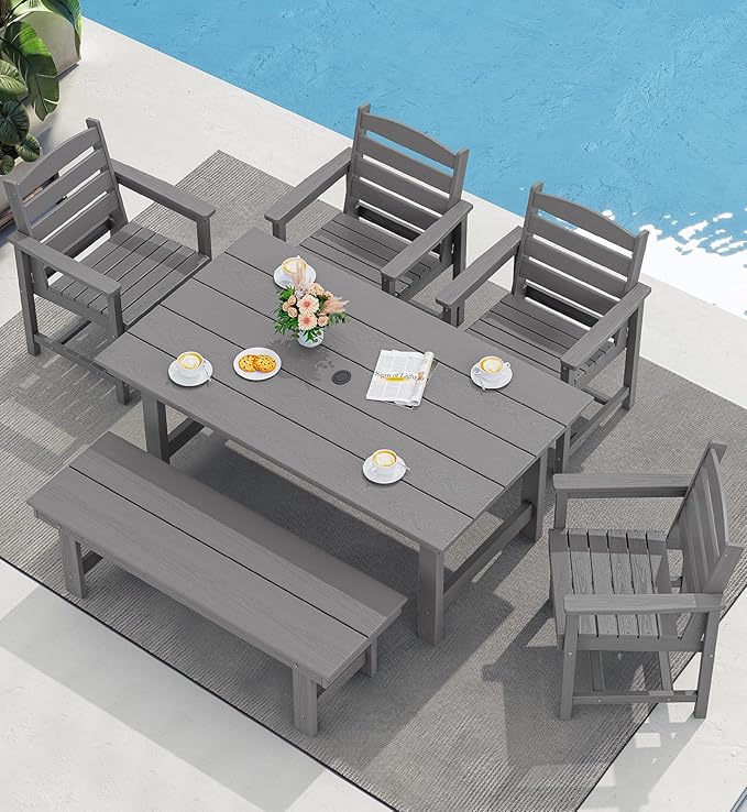 SERWALL Patio Dining Table and Bench Set for 6, Gray SERWALL