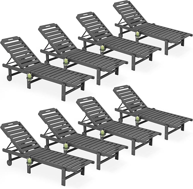 SERWALL Outdoor Chaise Lounge Set of 8, HDPE Pool Lounge Chairs with 5-Position Adjustable Backrest, Patio Loungers with Rolling Wheels & Cup Holder for Pool Sunbathing, Grey SERWALL