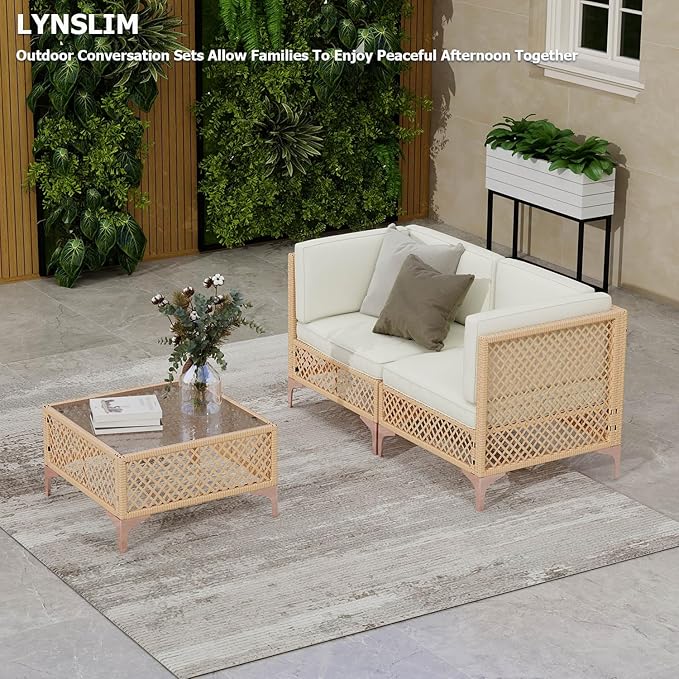 LYNSLIM Outdoor Patio Furniture Set, Wicker Outdoor Sectional Set, Boho Patio Conversation Sectional Sofa with Large Tempered Glass Coffee Table and Waterproof Cushion (3-Piece Patio Furniture) LYNSLIM