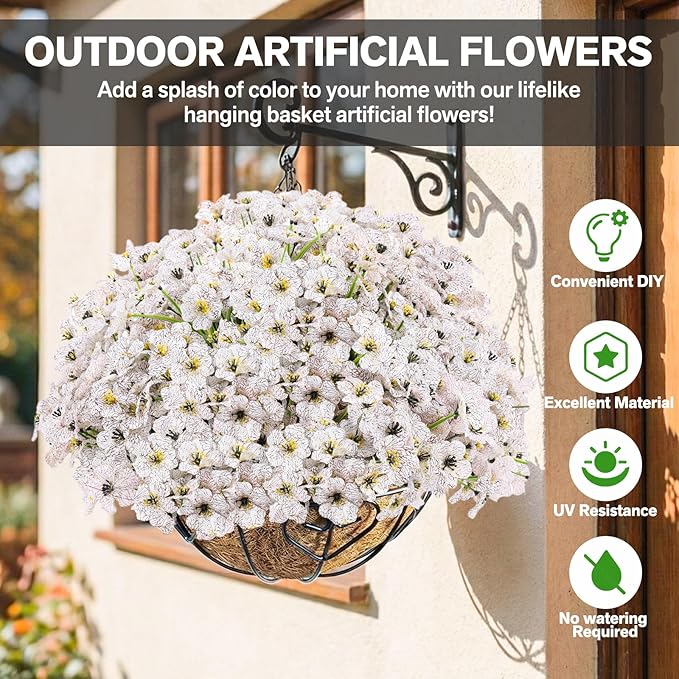 22 Pack Artificial Flowers Outdoor Fake Plants, Faux Flowers UV Resistant with Plastic Plants, Faux Silk Flowers for Outdoors Outside Front Porch Hanging Planter Window Box Garden Decoration(White) Powbrace
