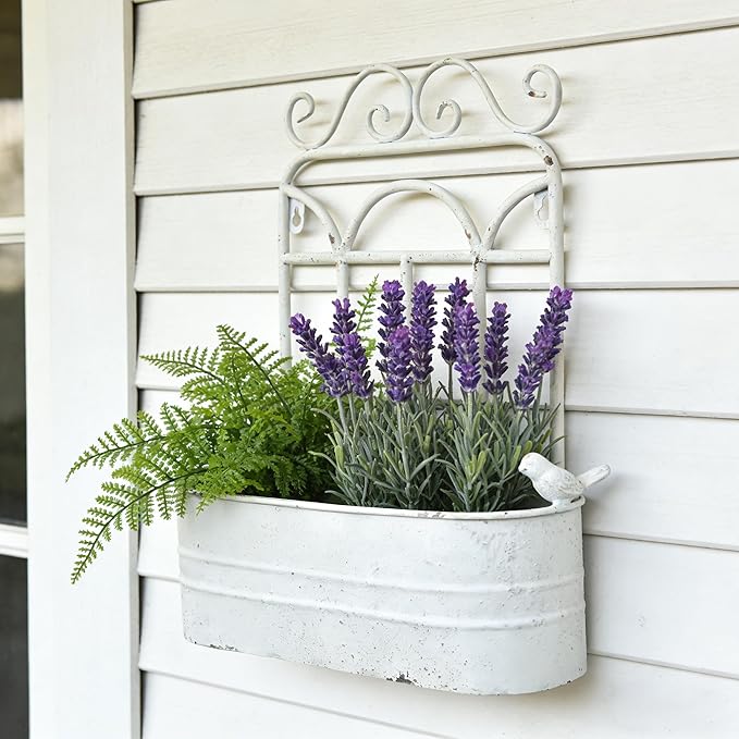 Rustic Metal Wall Planter Vintage Wall Mounted Flower Pot Distressed Wall Hanging Plant Basket Farmhouse Wall Decor for Indoor Outdoor Garden Home Yard (White) Rootora