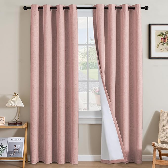 H.VERSAILTEX Linen Curtains 100% Blackout Curtains for Bedroom 96 inch Long Full Light Blocking Nature Linen Blended Window Curtains for Living Room Nickel Grommet (2 Panels, Heathered Baby Pink) HVERSAILTEX