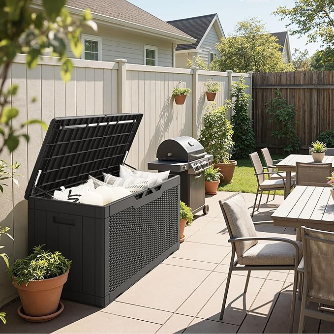 Greesum 100 Gallon Resin Deck Box Large Outdoor Storage Boxes with Cushions for Garden Tools, Patio Furniture Pillows, Pool Supplies, Black BuynowfromGreesum