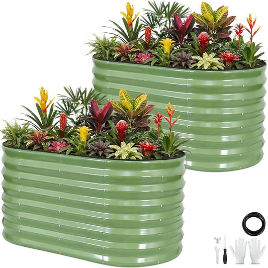 Galvanized Raised Garden Bed Outdoor 24'' Deep | Oval Metal Garden Beds with Easy Assembly & Planter Box for Planting Deep Root Vegetables Fruits Flowers, 4x2x2ft OliveGreen 2Pcs Rootora