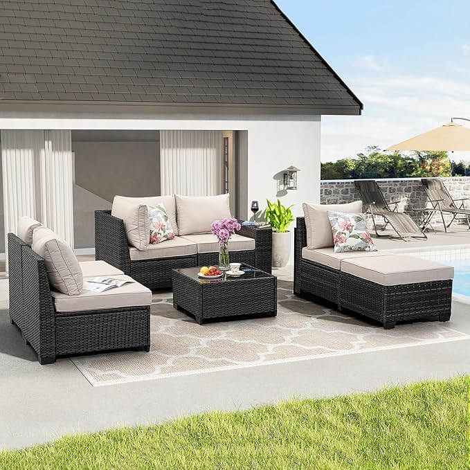 Jing's Villa 7-Piece Patio Furniture Set, All-Weather Outdoor Wicker Sectional Sofa with Cushions, Tempered Glass Table & Ottoman, Rattan Conversation Seating for Porch, Garden, Backyard,Beige JingsVillaOutdoorFurniture
