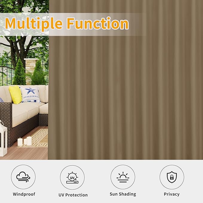 Easy-Going Outdoor Patio Curtains Detachable Tab Top Windproof Weatherproof Curtain for Cabana, Porch, Pergola and Gazebo, Tab Bottom Drape, 2 Panels, 110W x 96L inch, Khaki Easy-Going