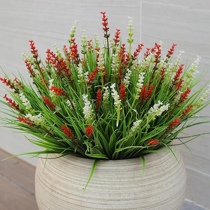 alyptus Outdoor Artificial Flowers 12 Bundles Plastic Plants Faux White Flower Fake Monkey Grass for Planters Décor Outside (White) ALYPTUS