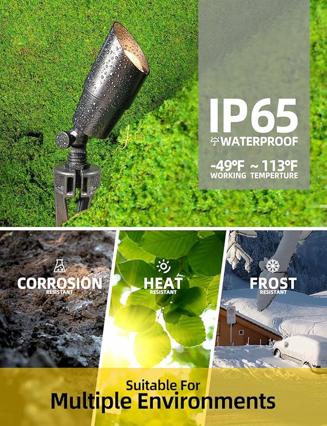 COLOER Brass Low Voltage Landscape Spotlight(Black) 6-Pack with 5W Aluminum Housing MR16 LED Bulb 2700K 450LM CRI85+,12V AC/DC Outdoor Uplighting, Directional Garden Patio Spot Up Light(101B-Black) COLOER