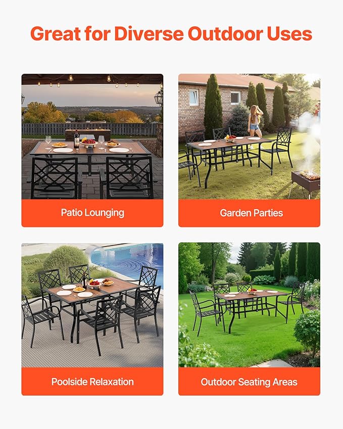 VEVOR Outdoor Patio Dining Table, 59 inch Long Rectangular Wood-Like Steel Slat Backyard Bistro Tables for 4-6, with 1.5 in Umbrella Hole, All-Weather Large Furniture for Lawn Garden Porch, Brown VEVOR