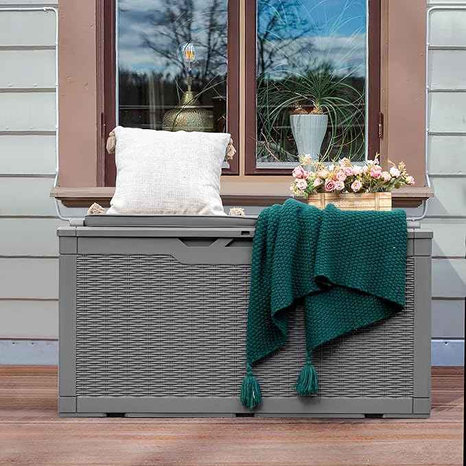 Greesum 100 Gallon Resin Deck Box Large Outdoor Storage with Cushions for Patio Furniture, Garden Tools, Pool Supplies, Weatherproof and UV Resistant, Lockable,Gray